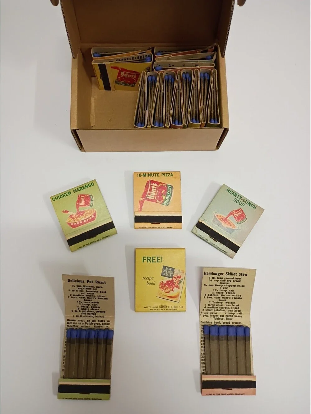1963 Lot of 19 Hunts Tomato Sauce Ketchup Matchbooks W/ Recipes 4 Colors~New ~
